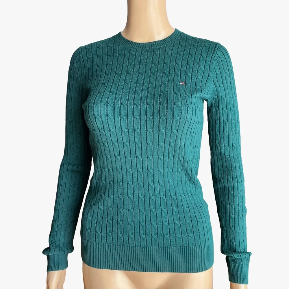 NWT Tommy Hilfiger Cable Knit Cotton Sweater Forest Green XS - Picture 4 of 7